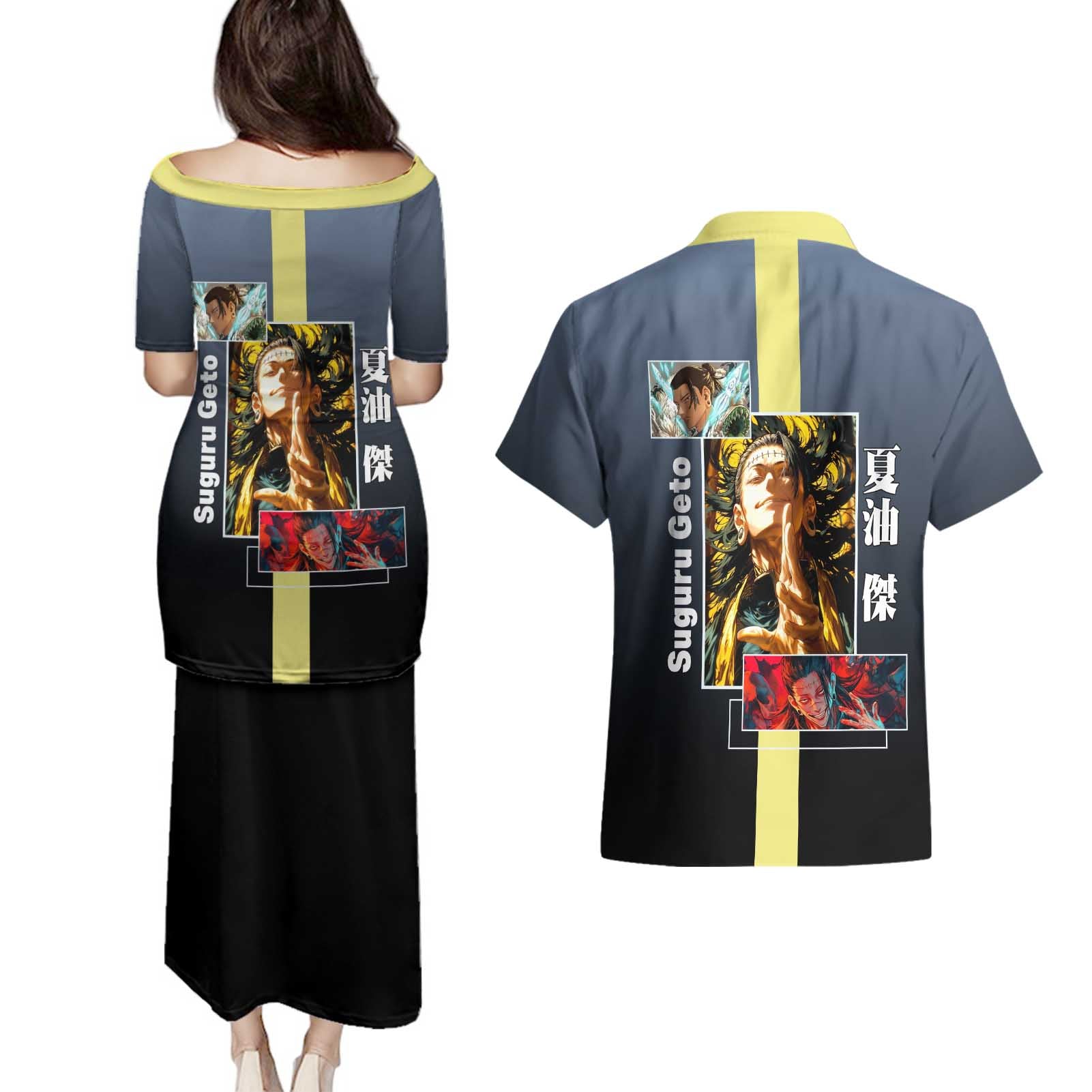 Suguru Geto from Jujutsu Kaisen Couples Matching Puletasi and Hawaiian Shirt with Yellow and Blue Background and Multiple Poses Design - The Mazicc