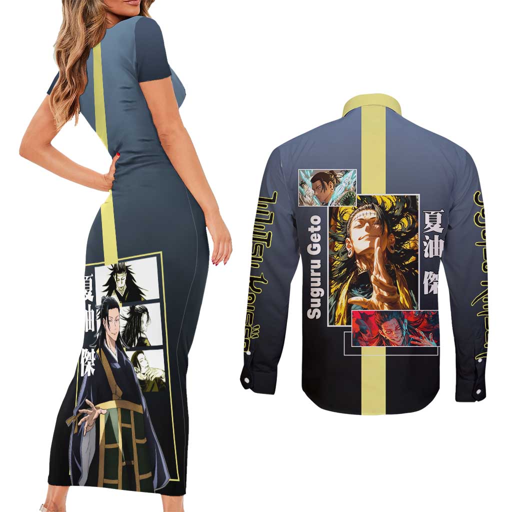 Suguru Geto from Jujutsu Kaisen Couples Matching Short Sleeve Bodycon Dress and Long Sleeve Button Shirt with Yellow and Blue Background and Multiple Poses Design - The Mazicc