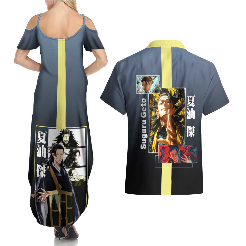 Suguru Geto from Jujutsu Kaisen Couples Matching Summer Maxi Dress and Hawaiian Shirt with Yellow and Blue Background and Multiple Poses Design - The Mazicc