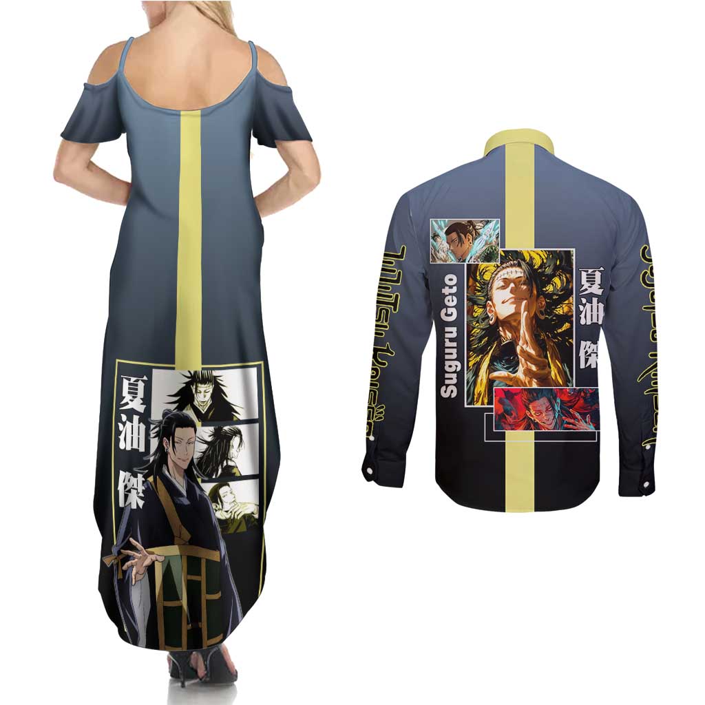 Suguru Geto from Jujutsu Kaisen Couples Matching Summer Maxi Dress and Long Sleeve Button Shirt with Yellow and Blue Background and Multiple Poses Design - The Mazicc