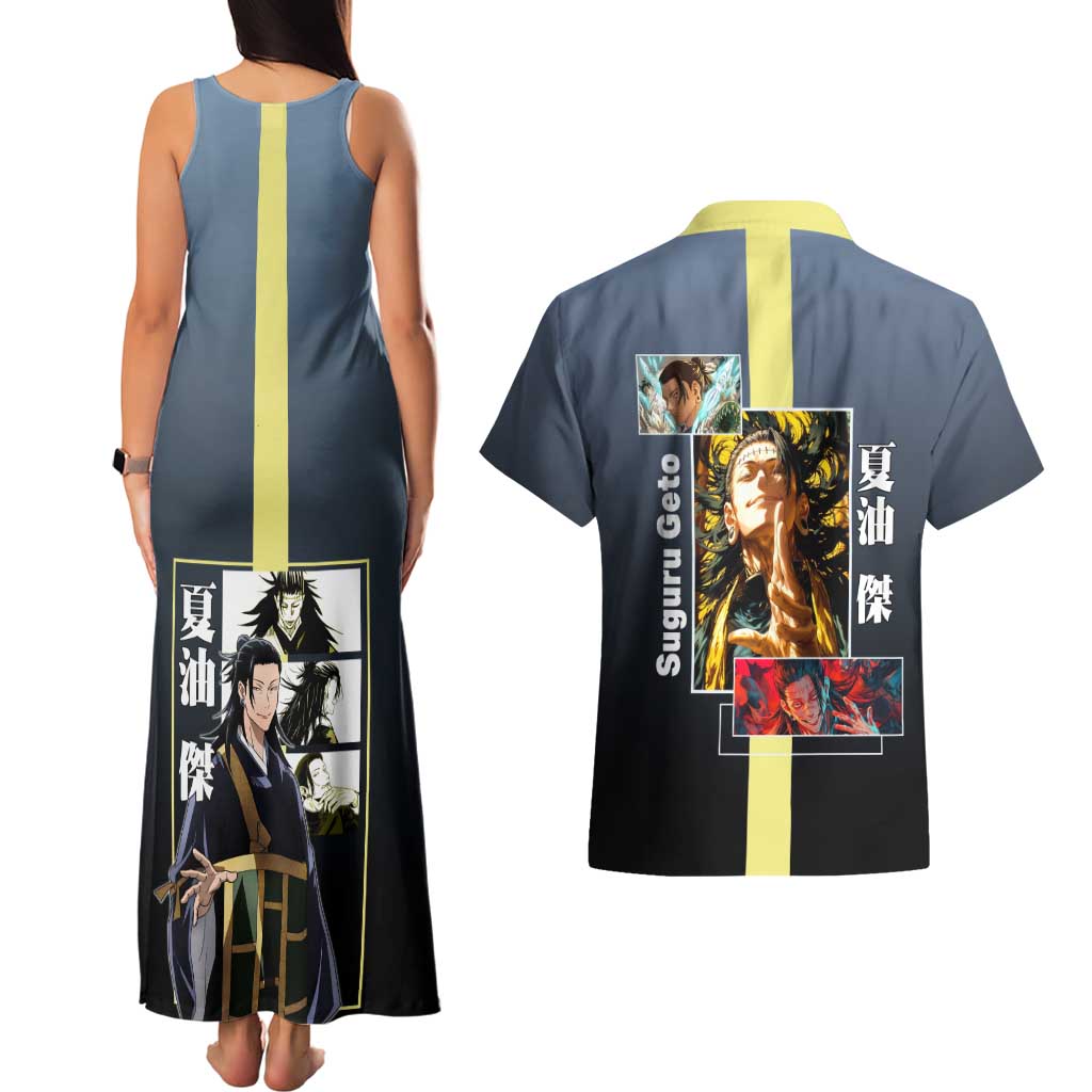 Suguru Geto from Jujutsu Kaisen Couples Matching Tank Maxi Dress and Hawaiian Shirt with Yellow and Blue Background and Multiple Poses Design - The Mazicc