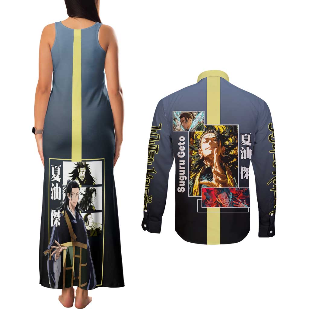 Suguru Geto from Jujutsu Kaisen Couples Matching Tank Maxi Dress and Long Sleeve Button Shirt with Yellow and Blue Background and Multiple Poses Design - The Mazicc