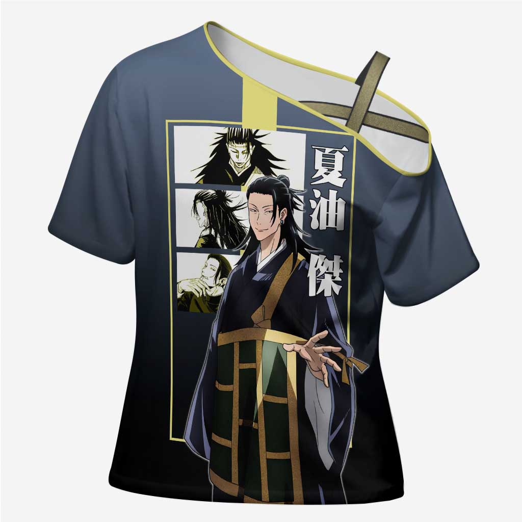 Suguru Geto from Jujutsu Kaisen Cross Shoulder Shirt with Yellow and Blue Background and Multiple Poses Design - The Mazicc