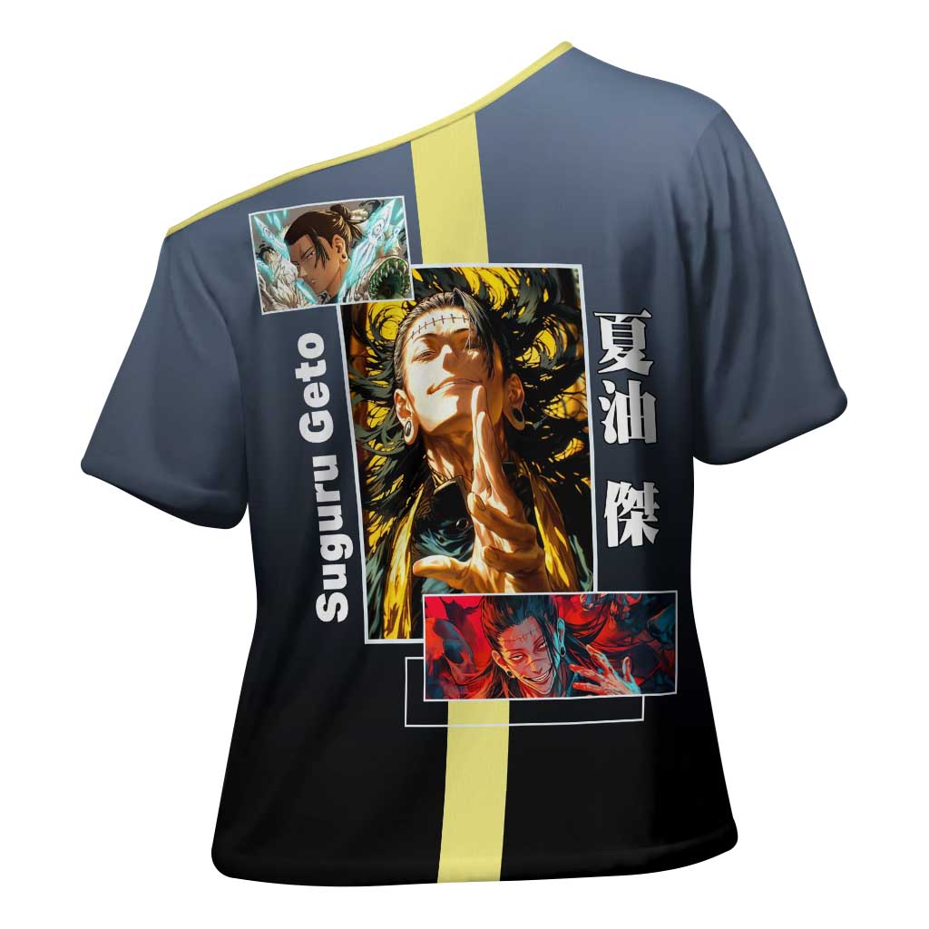Suguru Geto from Jujutsu Kaisen Cross Shoulder Shirt with Yellow and Blue Background and Multiple Poses Design - The Mazicc