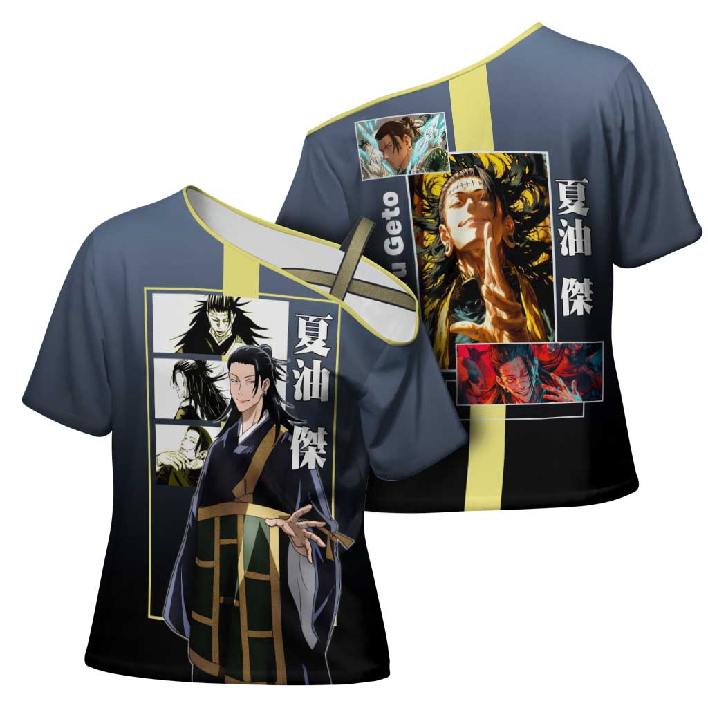 Suguru Geto from Jujutsu Kaisen Cross Shoulder Shirt with Yellow and Blue Background and Multiple Poses Design - The Mazicc