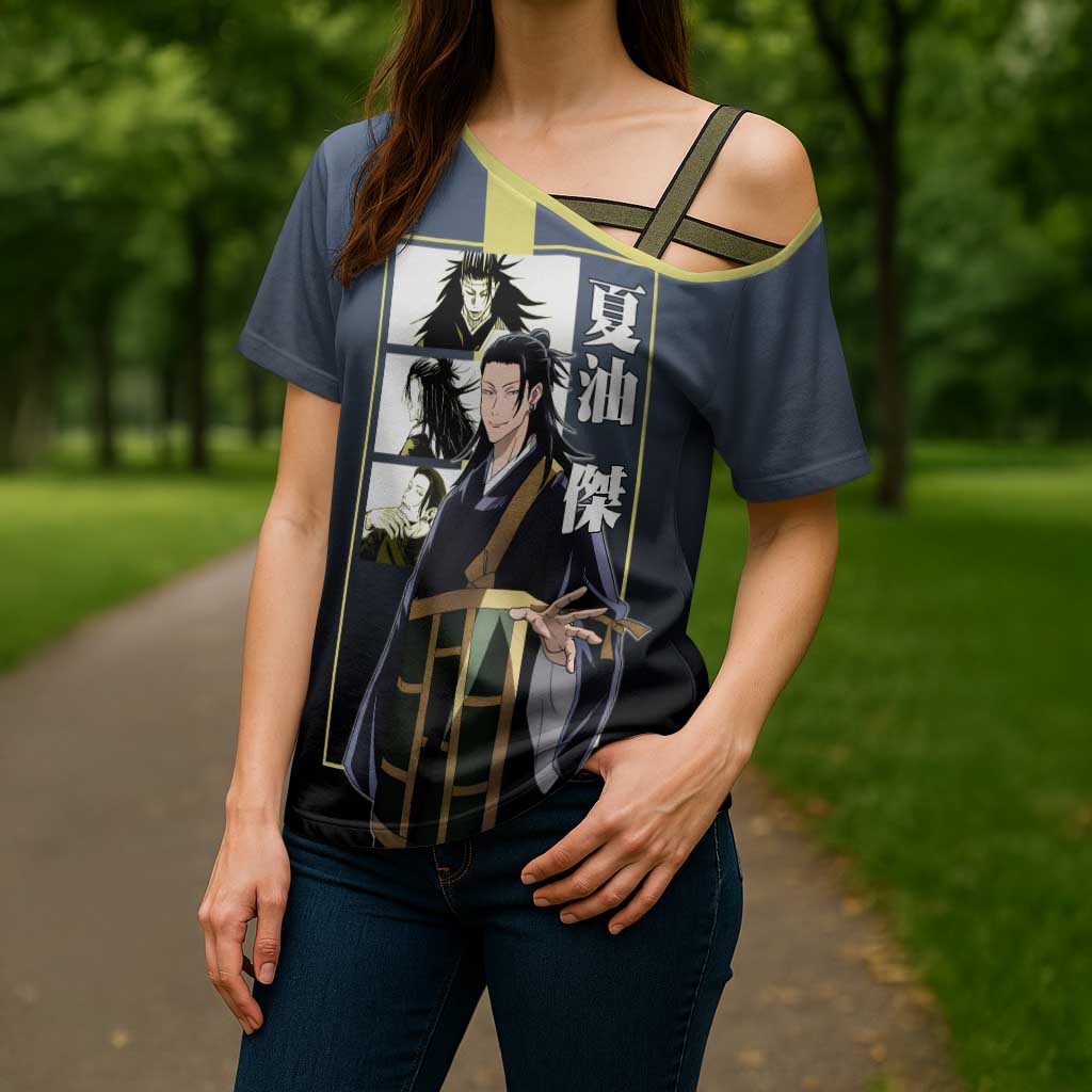 Suguru Geto from Jujutsu Kaisen Cross Shoulder Shirt with Yellow and Blue Background and Multiple Poses Design - The Mazicc