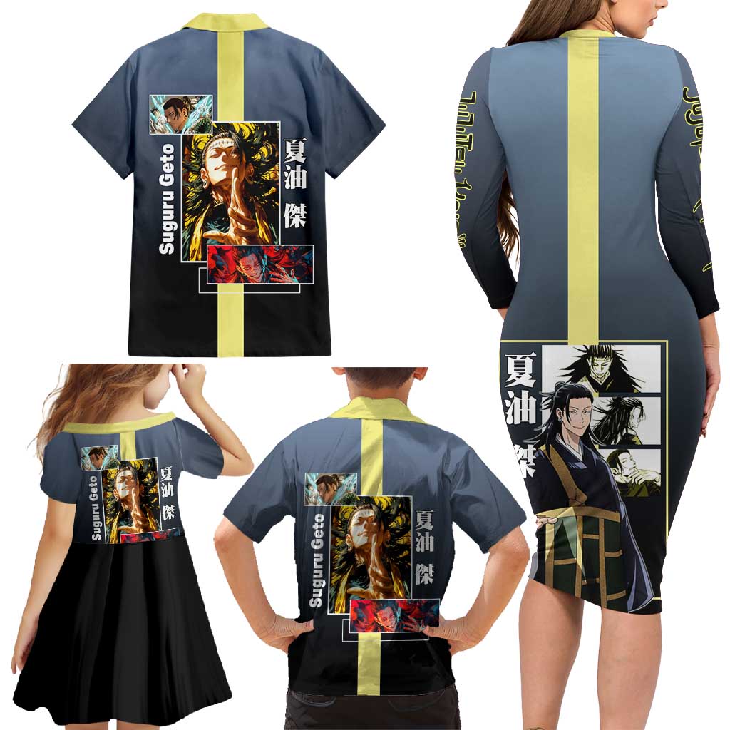 Suguru Geto from Jujutsu Kaisen Family Matching Long Sleeve Bodycon Dress and Hawaiian Shirt with Yellow and Blue Background and Multiple Poses Design - The Mazicc