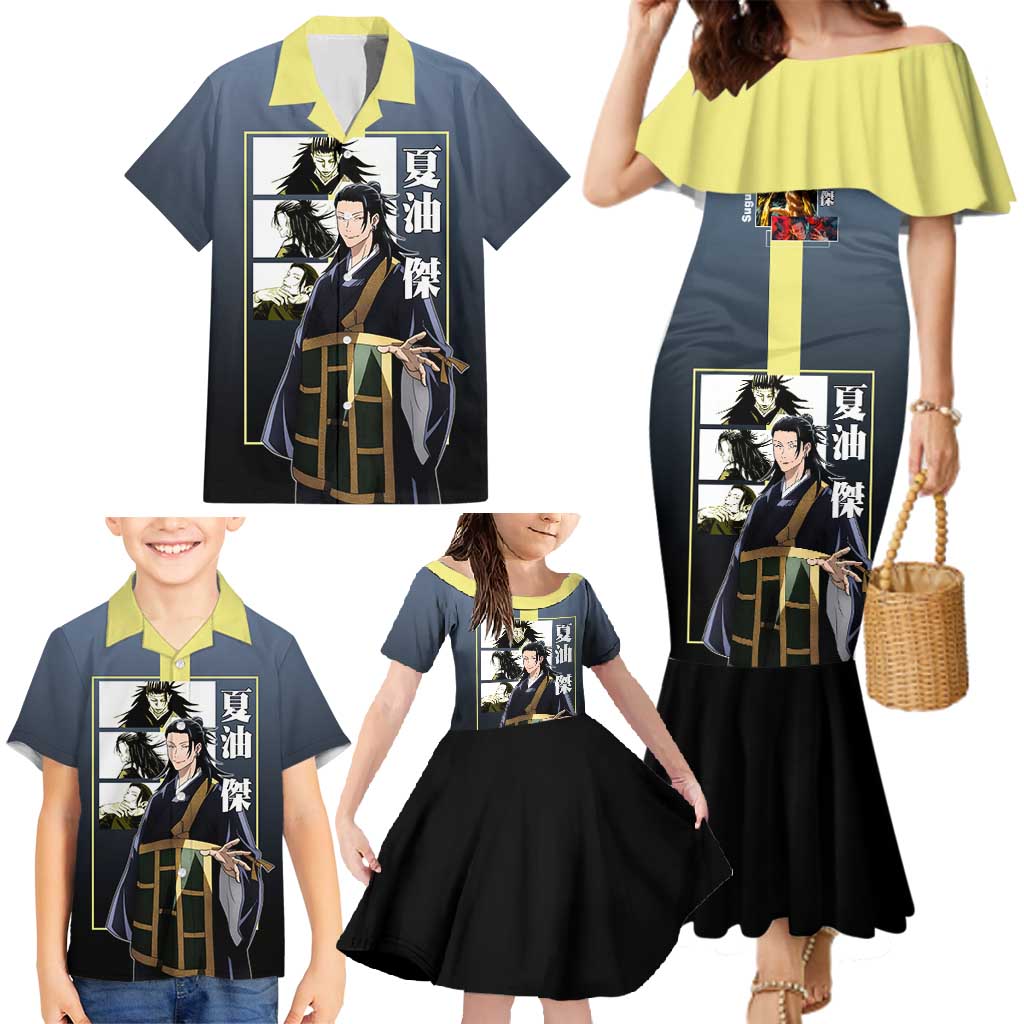 Suguru Geto from Jujutsu Kaisen Family Matching Mermaid Dress and Hawaiian Shirt with Yellow and Blue Background and Multiple Poses Design - The Mazicc