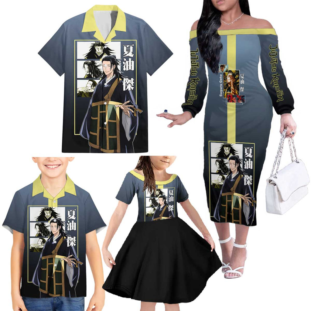Suguru Geto from Jujutsu Kaisen Family Matching Off The Shoulder Long Sleeve Dress and Hawaiian Shirt with Yellow and Blue Background and Multiple Poses Design - The Mazicc