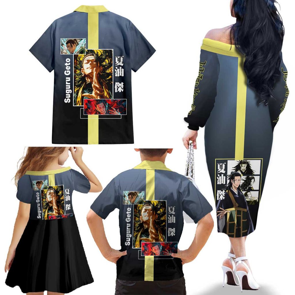 Suguru Geto from Jujutsu Kaisen Family Matching Off The Shoulder Long Sleeve Dress and Hawaiian Shirt with Yellow and Blue Background and Multiple Poses Design - The Mazicc