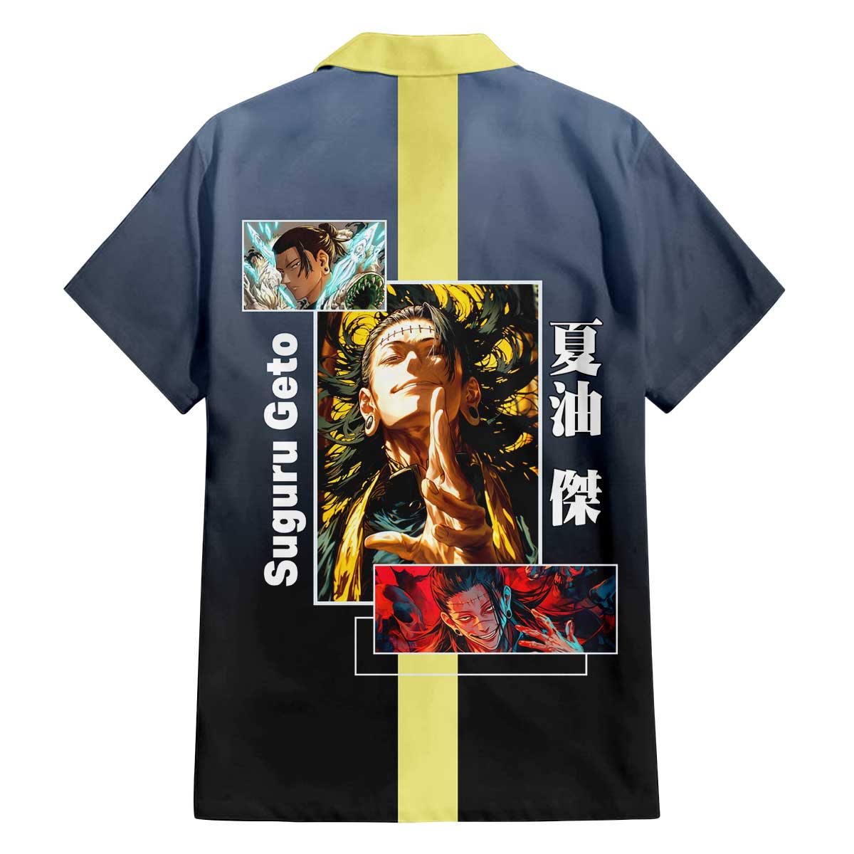 Suguru Geto from Jujutsu Kaisen Family Matching Off The Shoulder Long Sleeve Dress and Hawaiian Shirt with Yellow and Blue Background and Multiple Poses Design - The Mazicc