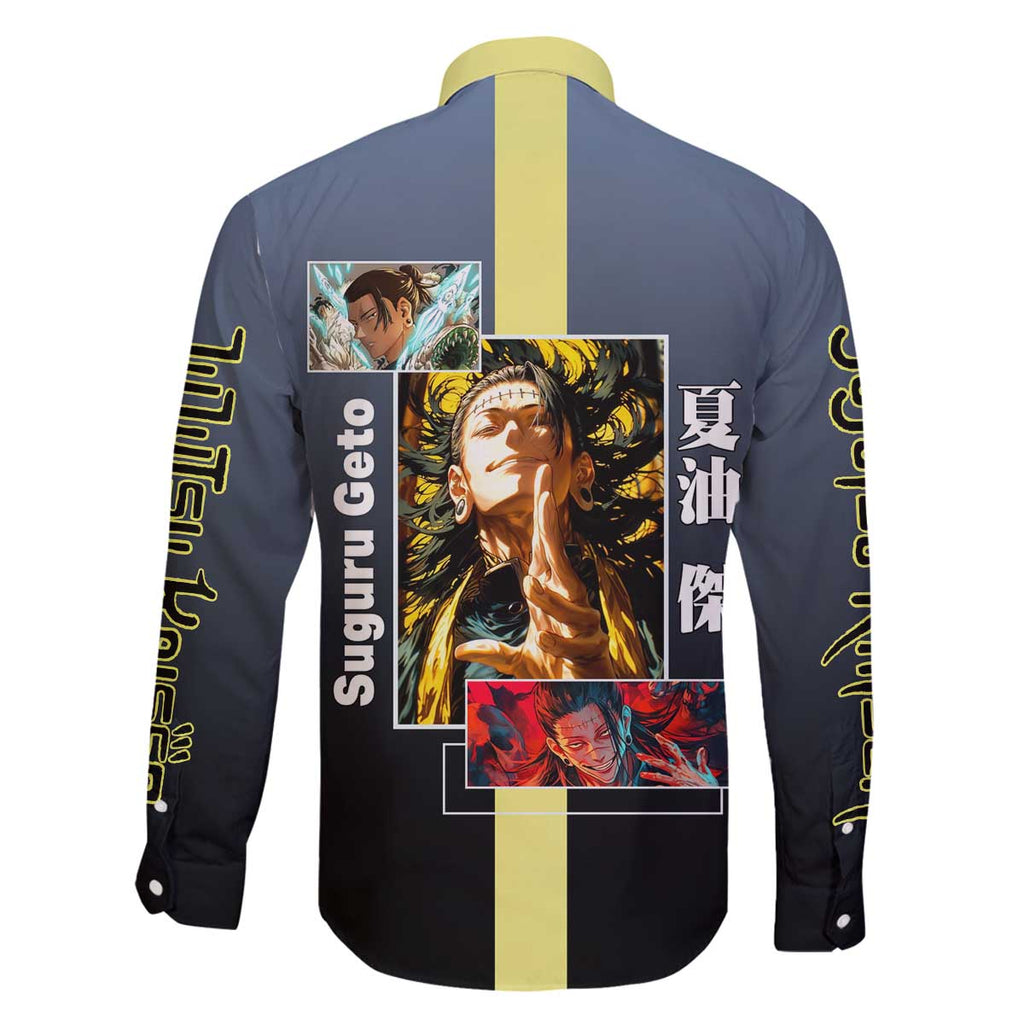Suguru Geto from Jujutsu Kaisen Family Matching Off The Shoulder Long Sleeve Dress and Hawaiian Shirt with Yellow and Blue Background and Multiple Poses Design - The Mazicc