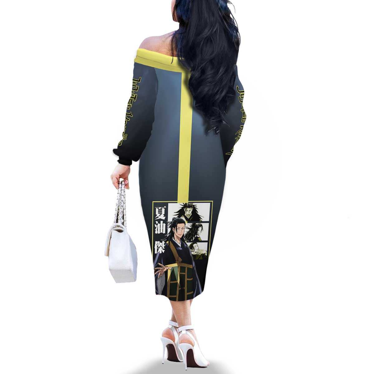 Suguru Geto from Jujutsu Kaisen Family Matching Off The Shoulder Long Sleeve Dress and Hawaiian Shirt with Yellow and Blue Background and Multiple Poses Design - The Mazicc