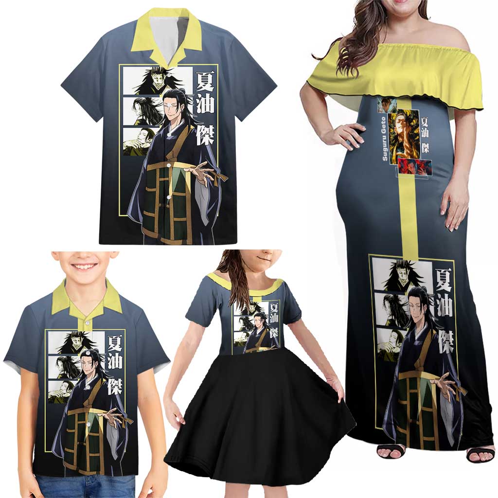 Suguru Geto from Jujutsu Kaisen Family Matching Off Shoulder Maxi Dress and Hawaiian Shirt with Yellow and Blue Background and Multiple Poses Design - The Mazicc