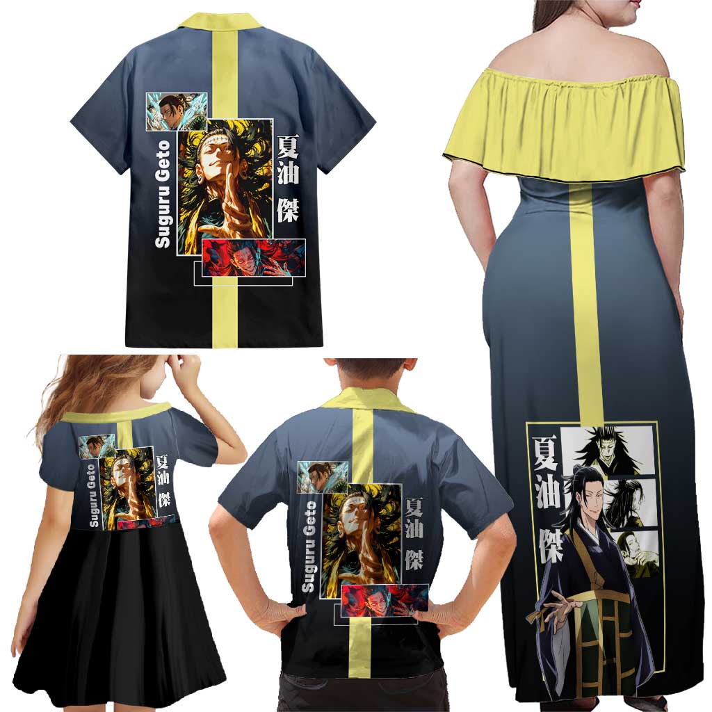 Suguru Geto from Jujutsu Kaisen Family Matching Off Shoulder Maxi Dress and Hawaiian Shirt with Yellow and Blue Background and Multiple Poses Design - The Mazicc