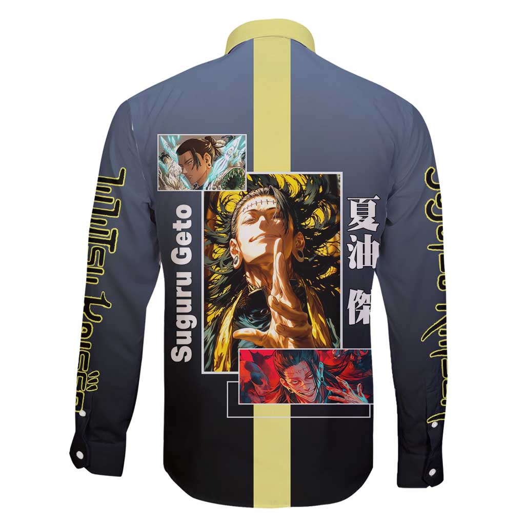 Suguru Geto from Jujutsu Kaisen Family Matching Off Shoulder Maxi Dress and Hawaiian Shirt with Yellow and Blue Background and Multiple Poses Design - The Mazicc