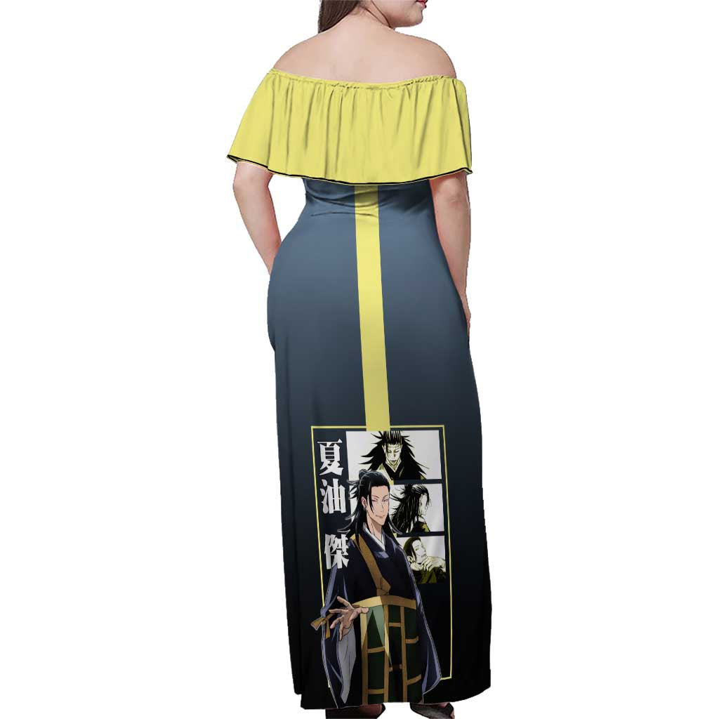 Suguru Geto from Jujutsu Kaisen Family Matching Off Shoulder Maxi Dress and Hawaiian Shirt with Yellow and Blue Background and Multiple Poses Design - The Mazicc