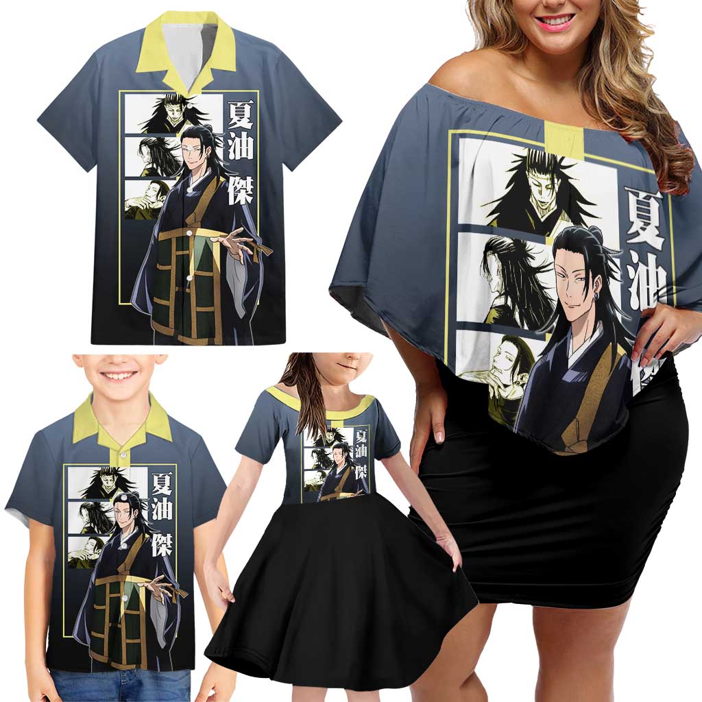 Suguru Geto from Jujutsu Kaisen Family Matching Off Shoulder Short Dress and Hawaiian Shirt with Yellow and Blue Background and Multiple Poses Design - The Mazicc