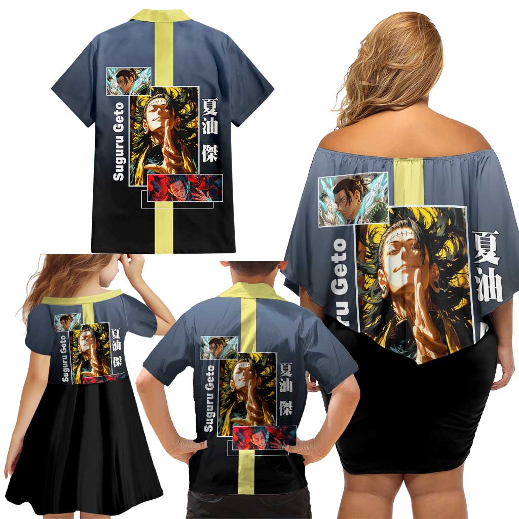 Suguru Geto from Jujutsu Kaisen Family Matching Off Shoulder Short Dress and Hawaiian Shirt with Yellow and Blue Background and Multiple Poses Design - The Mazicc