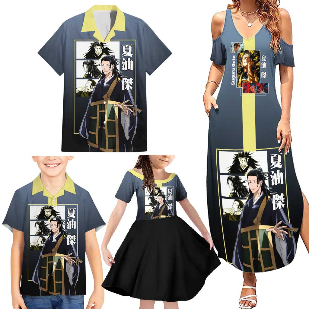 Suguru Geto from Jujutsu Kaisen Family Matching Summer Maxi Dress and Hawaiian Shirt with Yellow and Blue Background and Multiple Poses Design - The Mazicc
