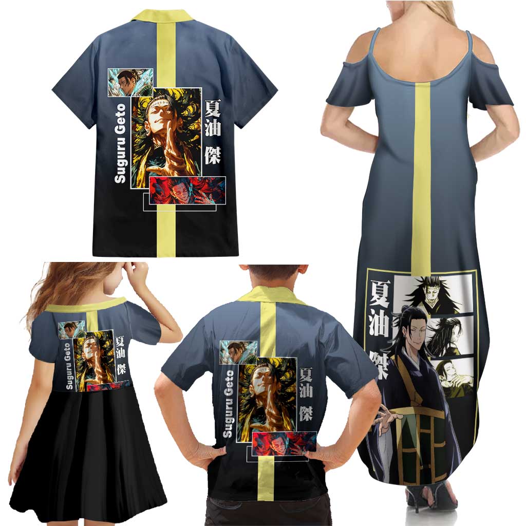 Suguru Geto from Jujutsu Kaisen Family Matching Summer Maxi Dress and Hawaiian Shirt with Yellow and Blue Background and Multiple Poses Design - The Mazicc