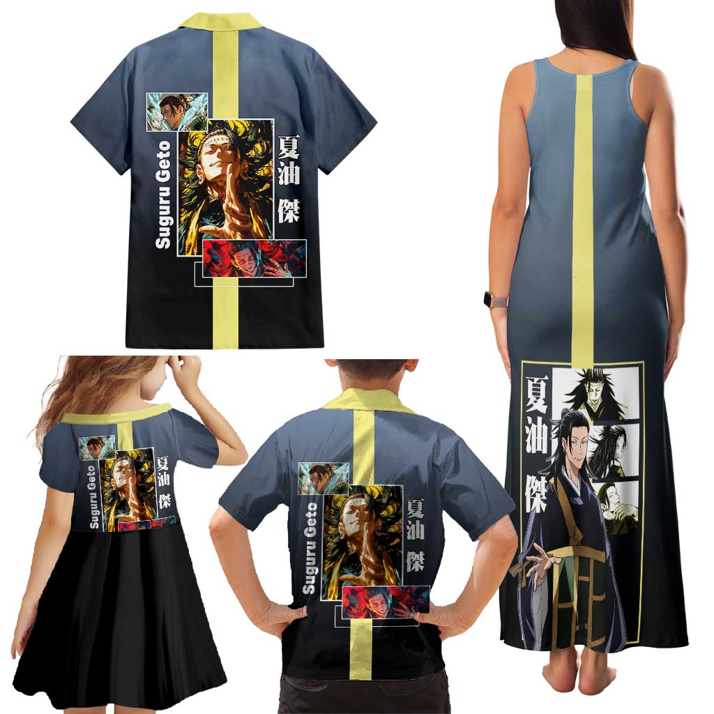 Suguru Geto from Jujutsu Kaisen Family Matching Tank Maxi Dress and Hawaiian Shirt with Yellow and Blue Background and Multiple Poses Design - The Mazicc