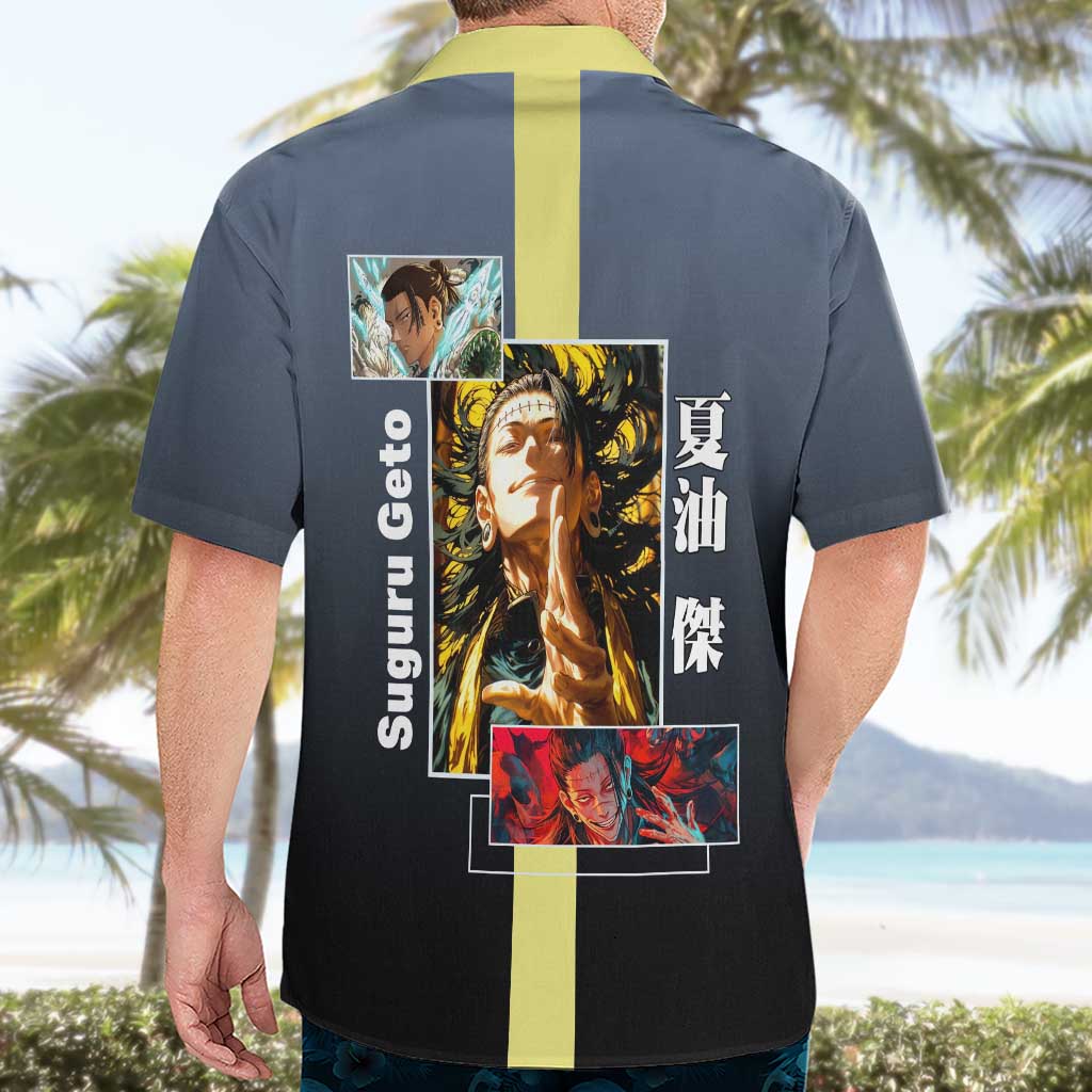 Suguru Geto from Jujutsu Kaisen Hawaiian Shirt with Yellow and Blue Background and Multiple Poses Design - The Mazicc