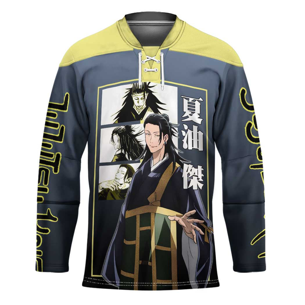 Suguru Geto from Jujutsu Kaisen Hockey Jersey with Yellow and Blue Background and Multiple Poses Design - The Mazicc