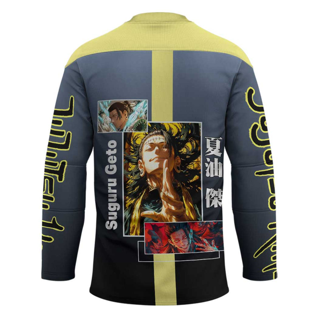 Suguru Geto from Jujutsu Kaisen Hockey Jersey with Yellow and Blue Background and Multiple Poses Design - The Mazicc
