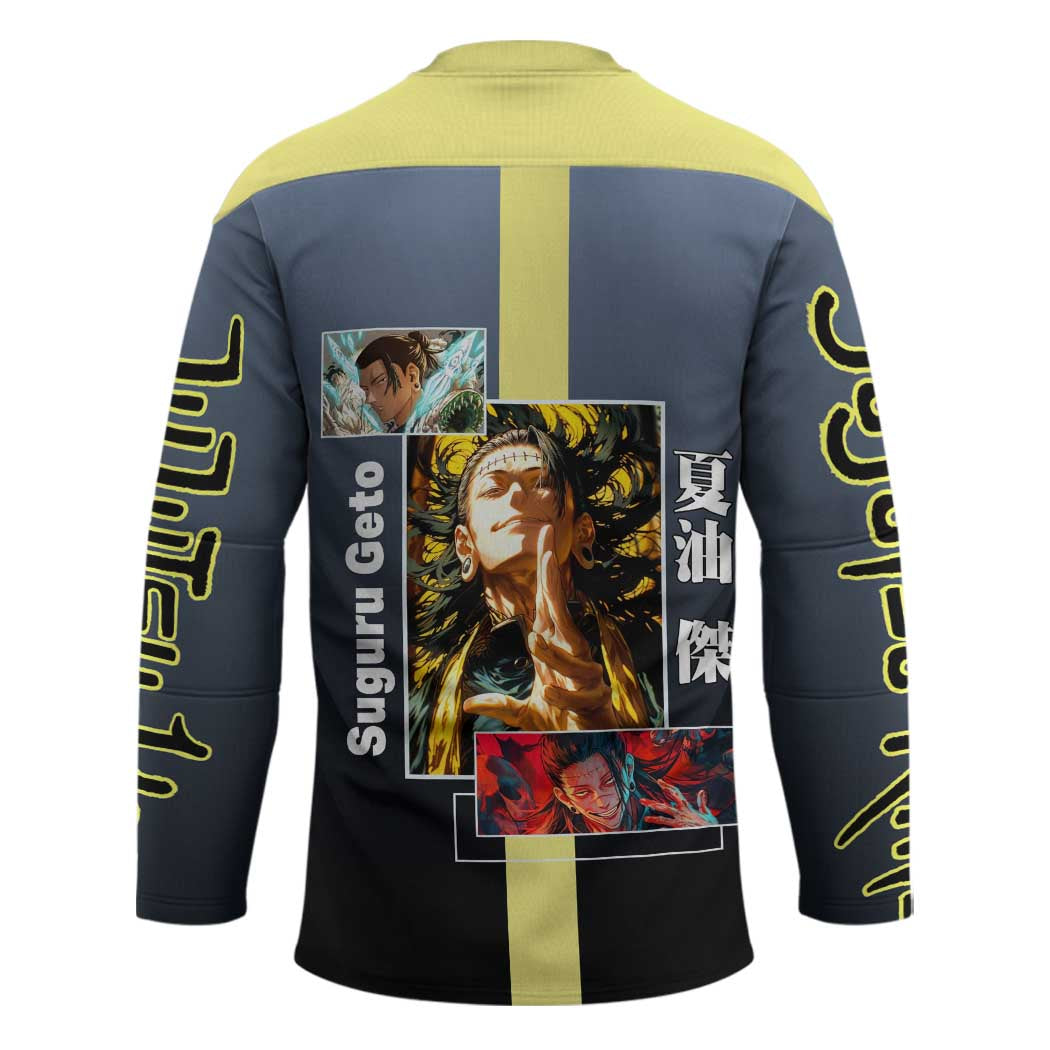 Suguru Geto from Jujutsu Kaisen Hockey Jersey with Yellow and Blue Background and Multiple Poses Design - The Mazicc
