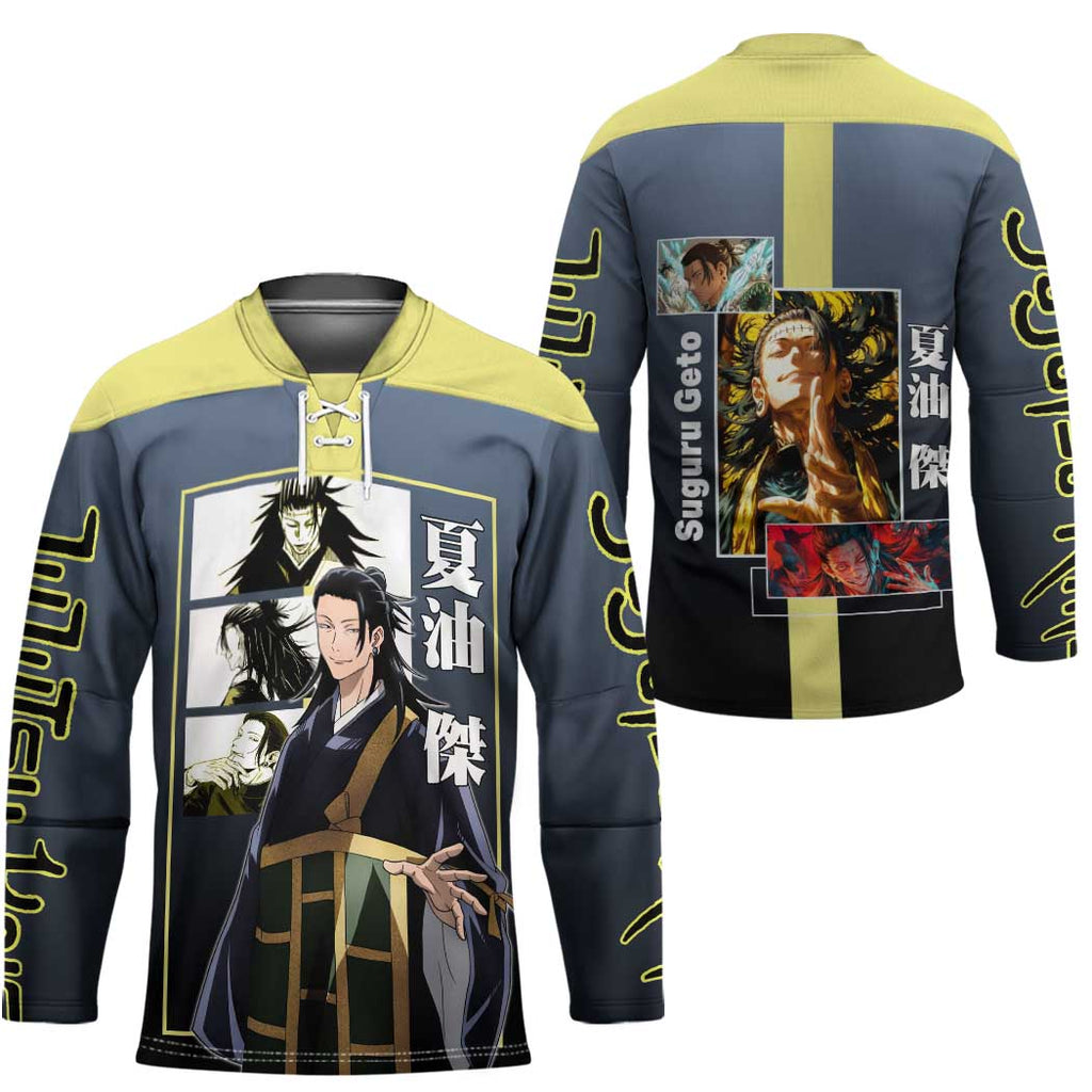 Suguru Geto from Jujutsu Kaisen Hockey Jersey with Yellow and Blue Background and Multiple Poses Design - The Mazicc