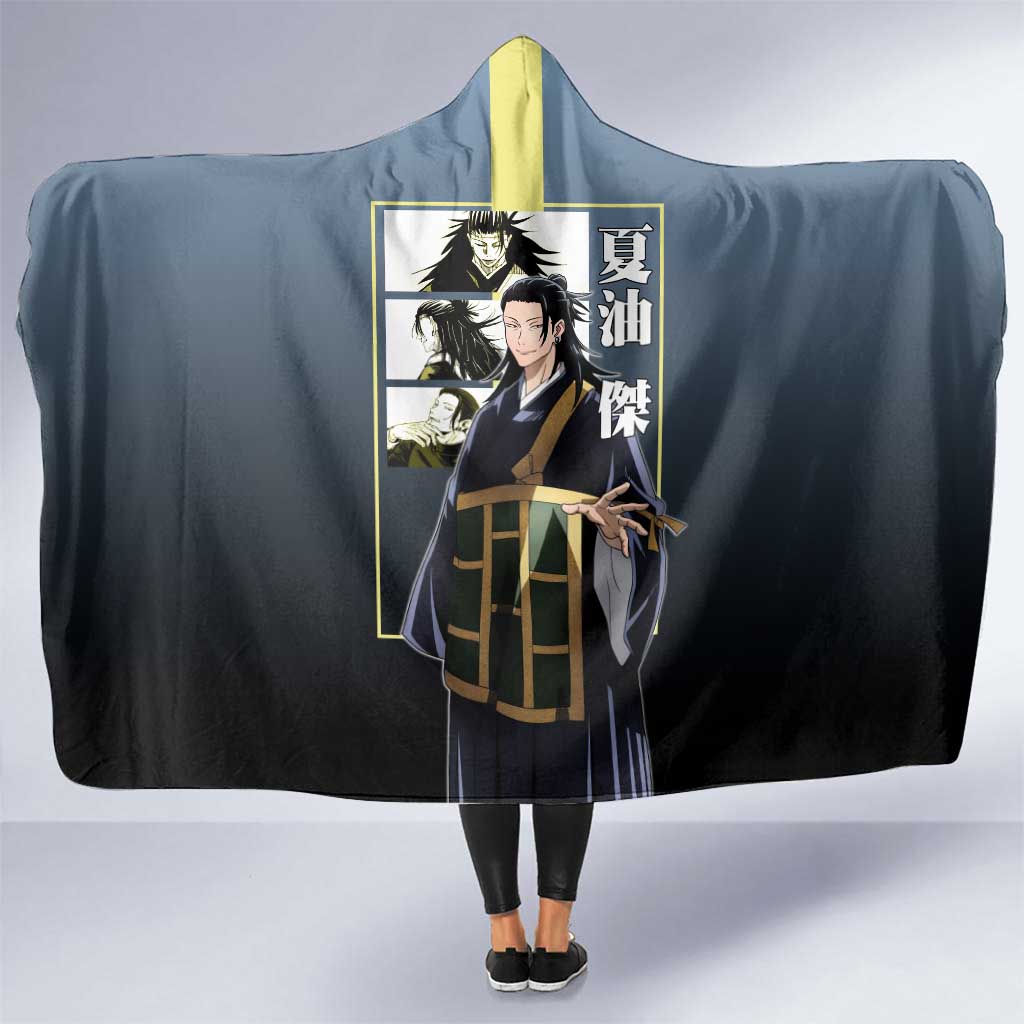 Suguru Geto from Jujutsu Kaisen Hooded Blanket with Yellow and Blue Background and Multiple Poses Design - The Mazicc