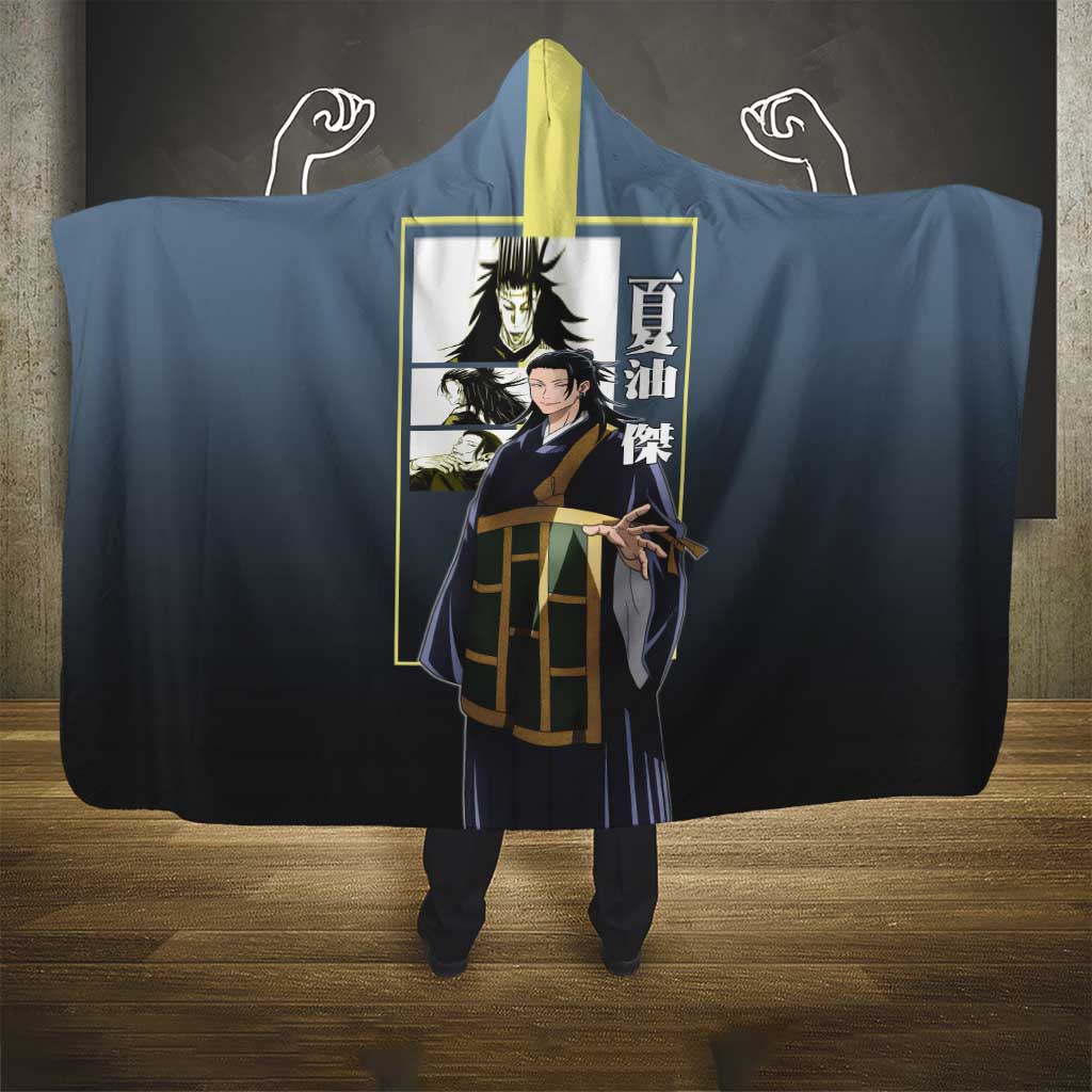 Suguru Geto from Jujutsu Kaisen Hooded Blanket with Yellow and Blue Background and Multiple Poses Design - The Mazicc