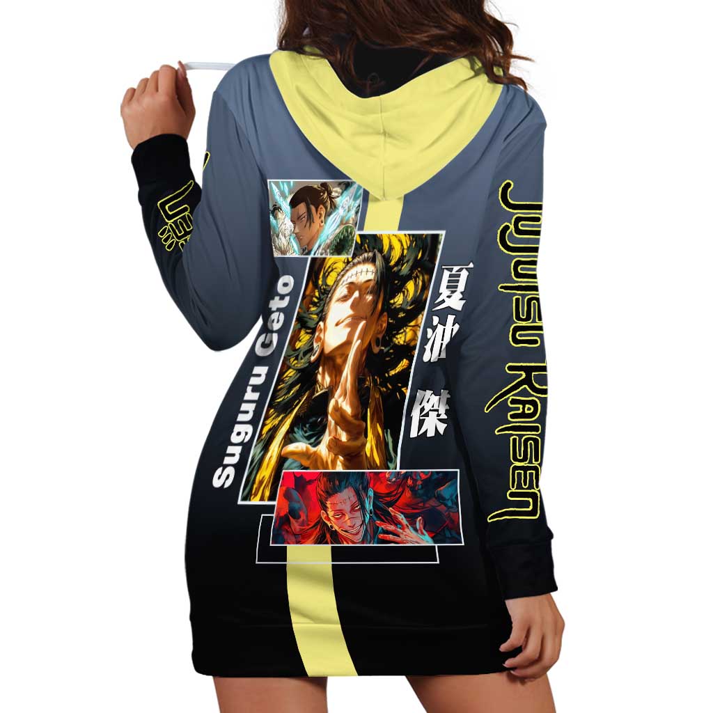 Suguru Geto from Jujutsu Kaisen Hoodie Dress with Yellow and Blue Background and Multiple Poses Design - The Mazicc