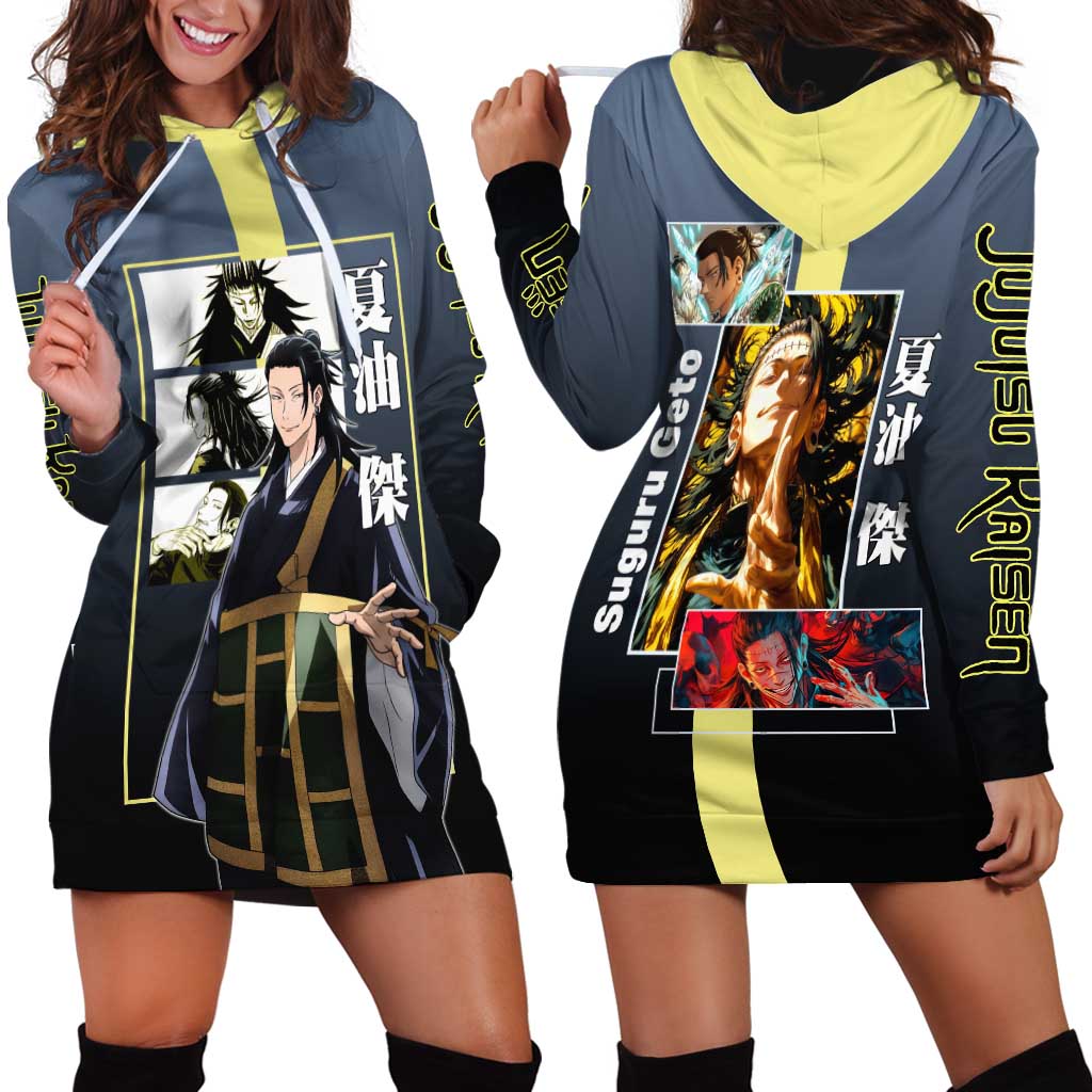 Suguru Geto from Jujutsu Kaisen Hoodie Dress with Yellow and Blue Background and Multiple Poses Design - The Mazicc