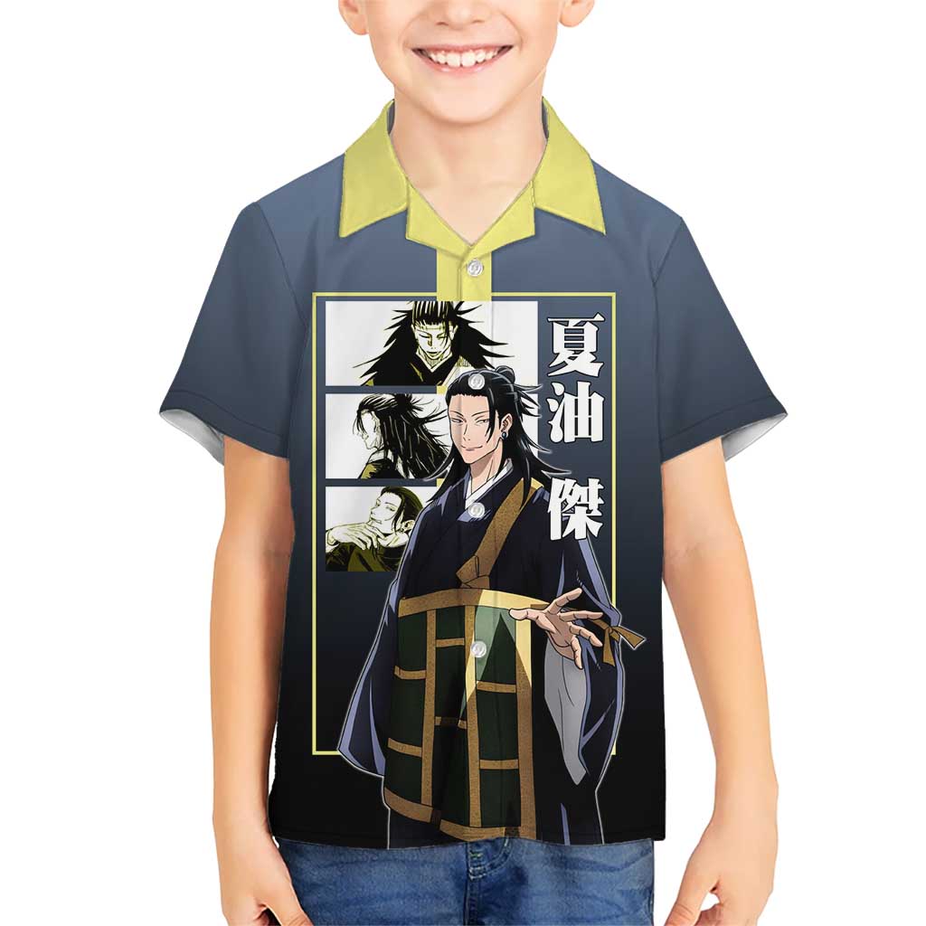 Suguru Geto from Jujutsu Kaisen Kid Hawaiian Shirt with Yellow and Blue Background and Multiple Poses Design - The Mazicc