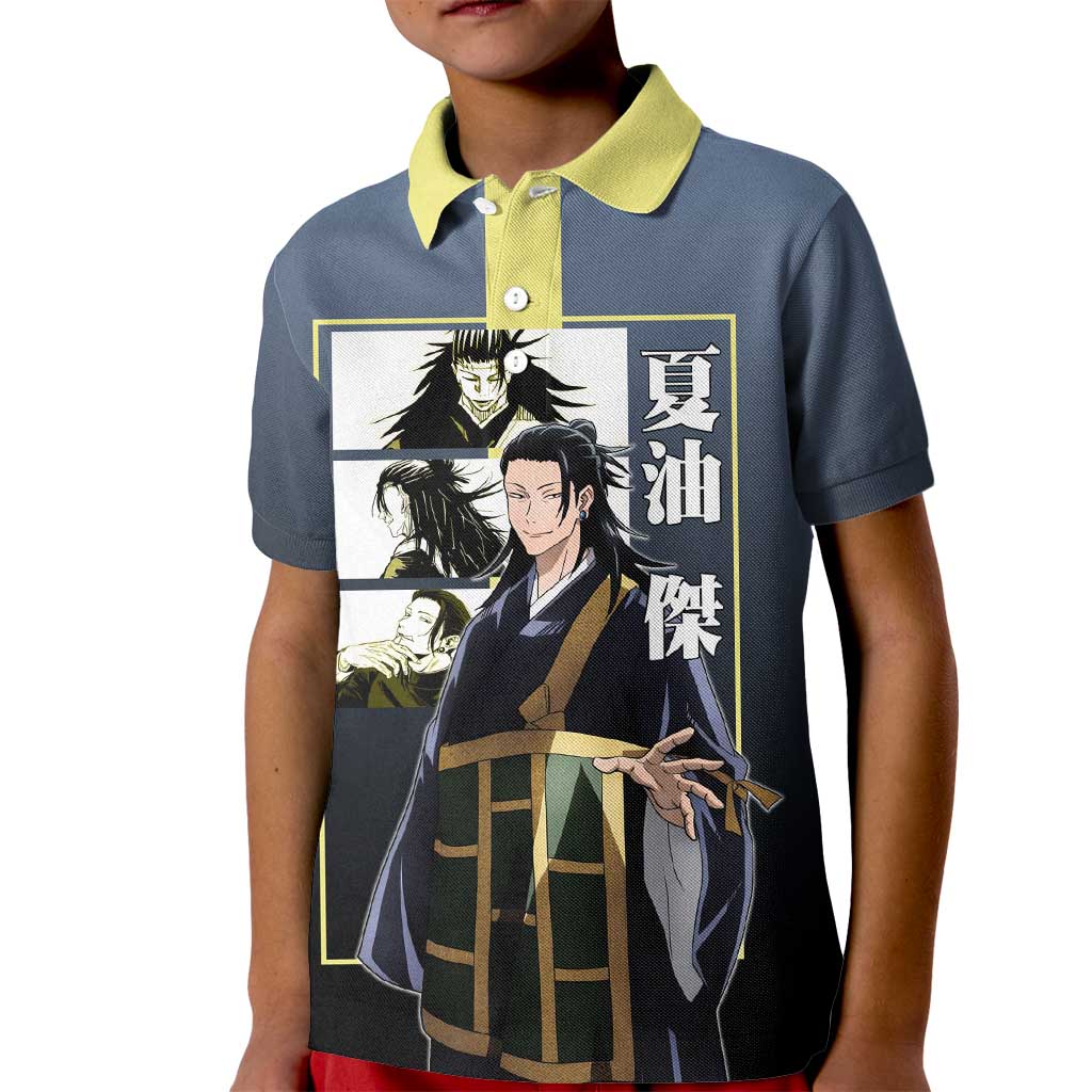 Suguru Geto from Jujutsu Kaisen Kid Polo Shirt with Yellow and Blue Background and Multiple Poses Design - The Mazicc