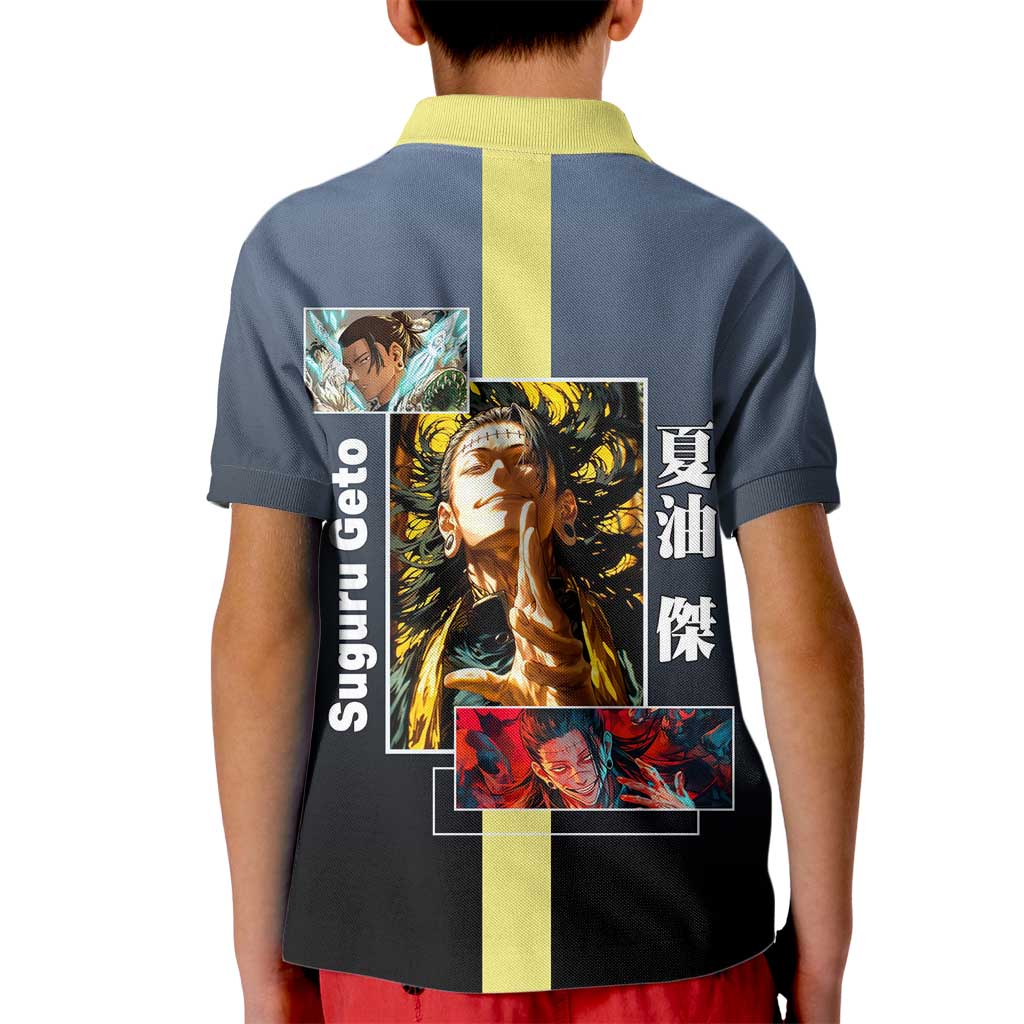 Suguru Geto from Jujutsu Kaisen Kid Polo Shirt with Yellow and Blue Background and Multiple Poses Design - The Mazicc