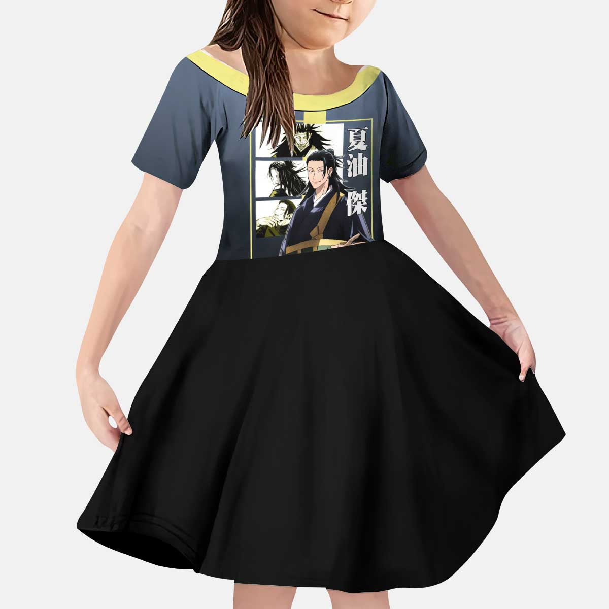 Suguru Geto from Jujutsu Kaisen Kid Short Sleeve Dress with Yellow and Blue Background and Multiple Poses Design - The Mazicc