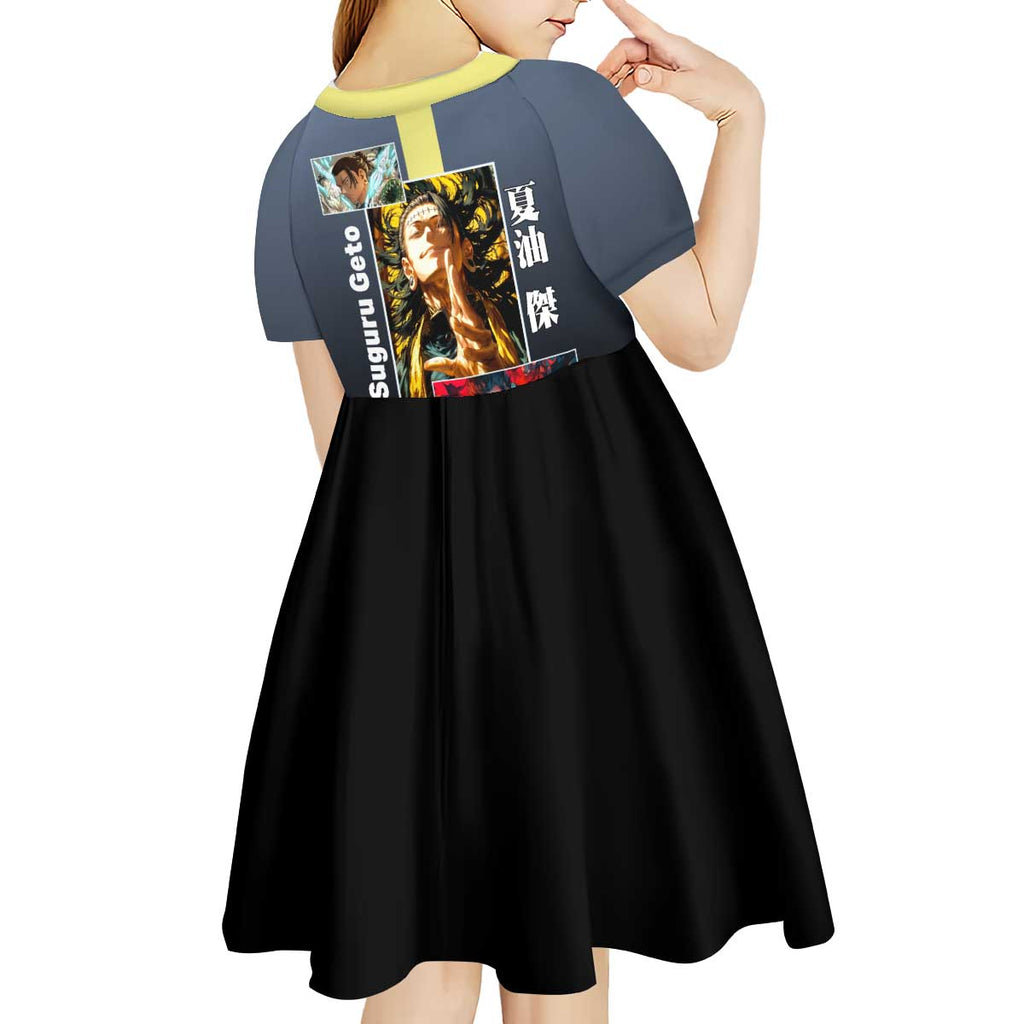 Suguru Geto from Jujutsu Kaisen Kid Short Sleeve Dress with Yellow and Blue Background and Multiple Poses Design - The Mazicc