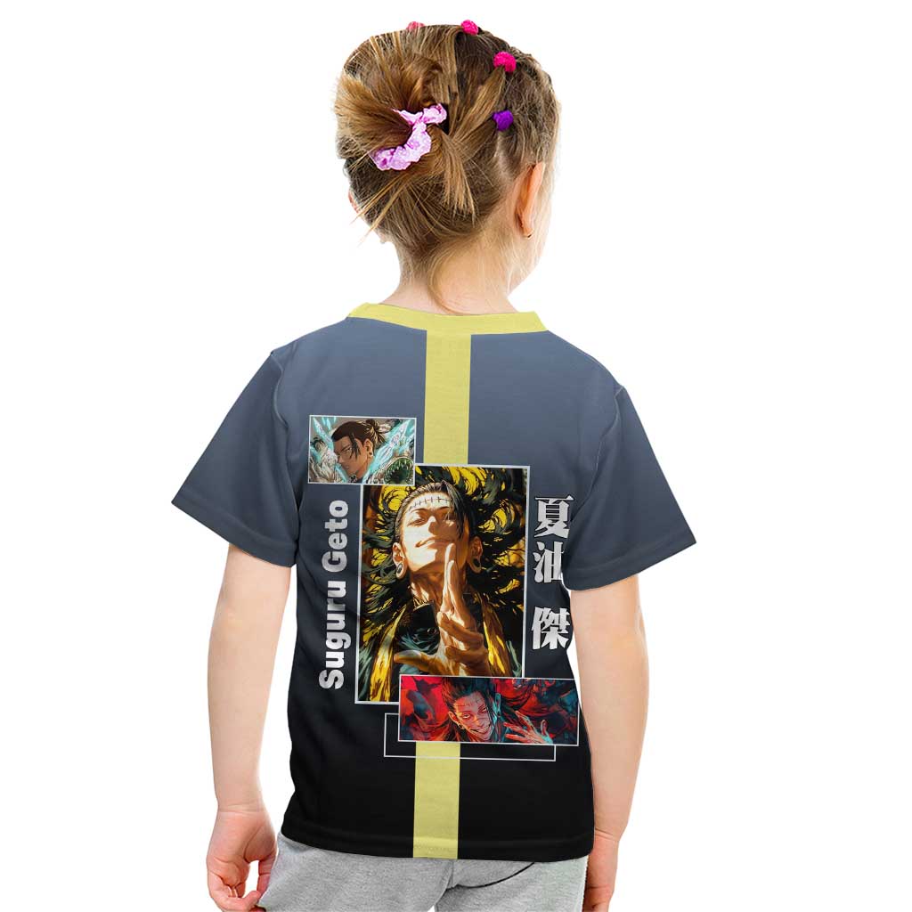 Suguru Geto from Jujutsu Kaisen Kid T Shirt with Yellow and Blue Background and Multiple Poses Design - The Mazicc