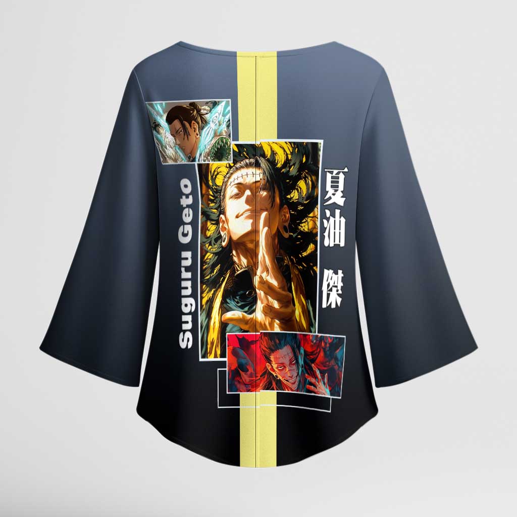 Suguru Geto from Jujutsu Kaisen Kimono Sleeve Blouse with Yellow and Blue Background and Multiple Poses Design - The Mazicc