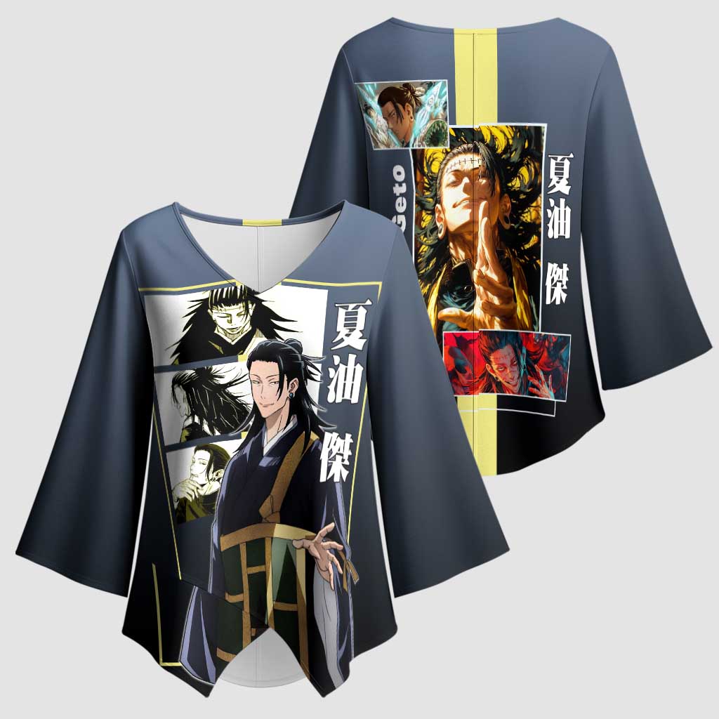 Suguru Geto from Jujutsu Kaisen Kimono Sleeve Blouse with Yellow and Blue Background and Multiple Poses Design - The Mazicc