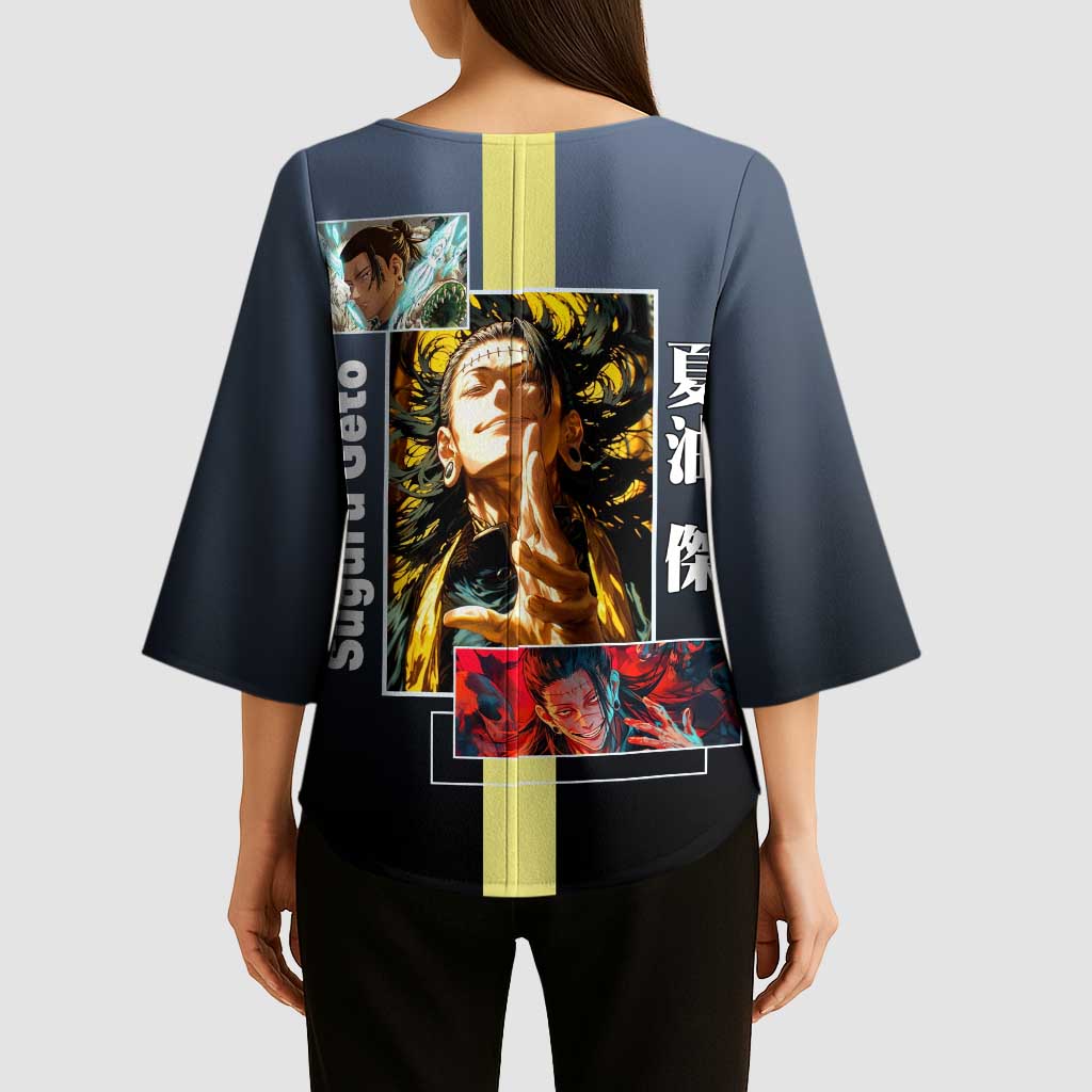 Suguru Geto from Jujutsu Kaisen Kimono Sleeve Blouse with Yellow and Blue Background and Multiple Poses Design - The Mazicc