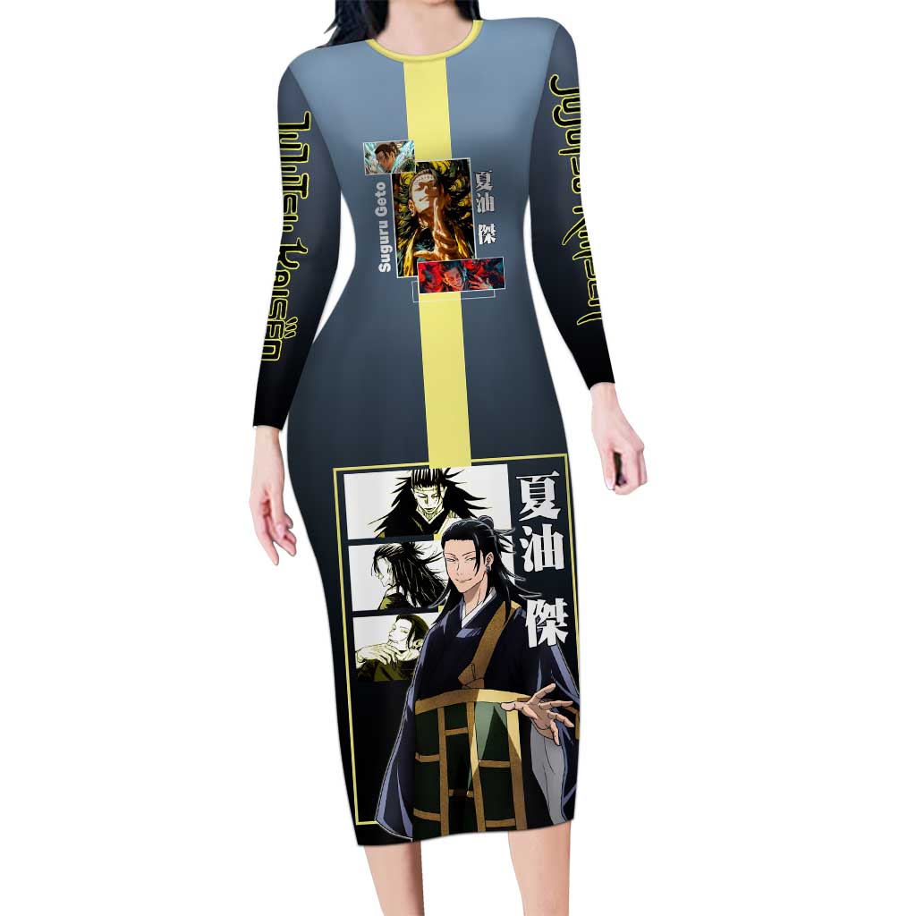 Suguru Geto from Jujutsu Kaisen Long Sleeve Bodycon Dress with Yellow and Blue Background and Multiple Poses Design - The Mazicc