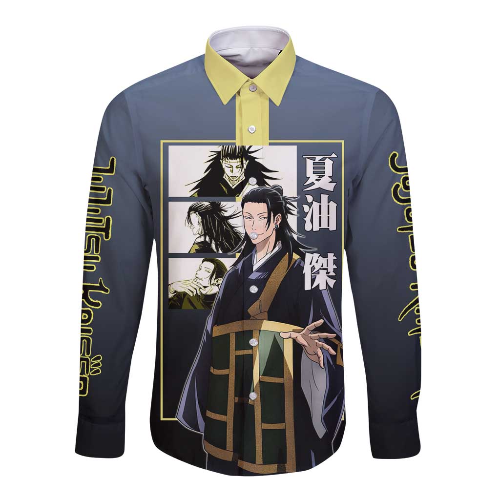 Suguru Geto from Jujutsu Kaisen Long Sleeve Button Shirt with Yellow and Blue Background and Multiple Poses Design - The Mazicc
