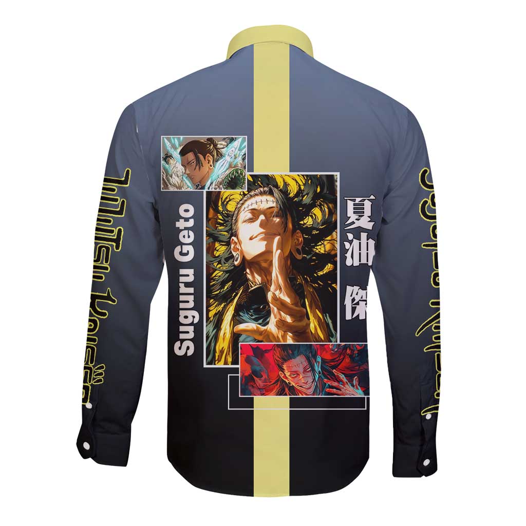 Suguru Geto from Jujutsu Kaisen Long Sleeve Button Shirt with Yellow and Blue Background and Multiple Poses Design - The Mazicc