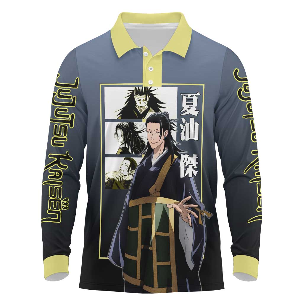 Suguru Geto from Jujutsu Kaisen Long Sleeve Polo Shirt with Yellow and Blue Background and Multiple Poses Design - The Mazicc