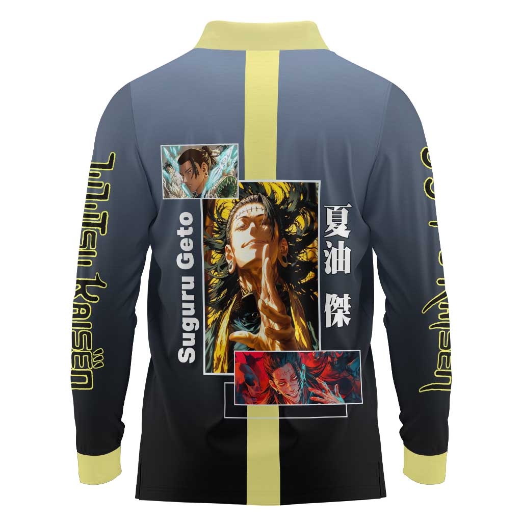 Suguru Geto from Jujutsu Kaisen Long Sleeve Polo Shirt with Yellow and Blue Background and Multiple Poses Design - The Mazicc