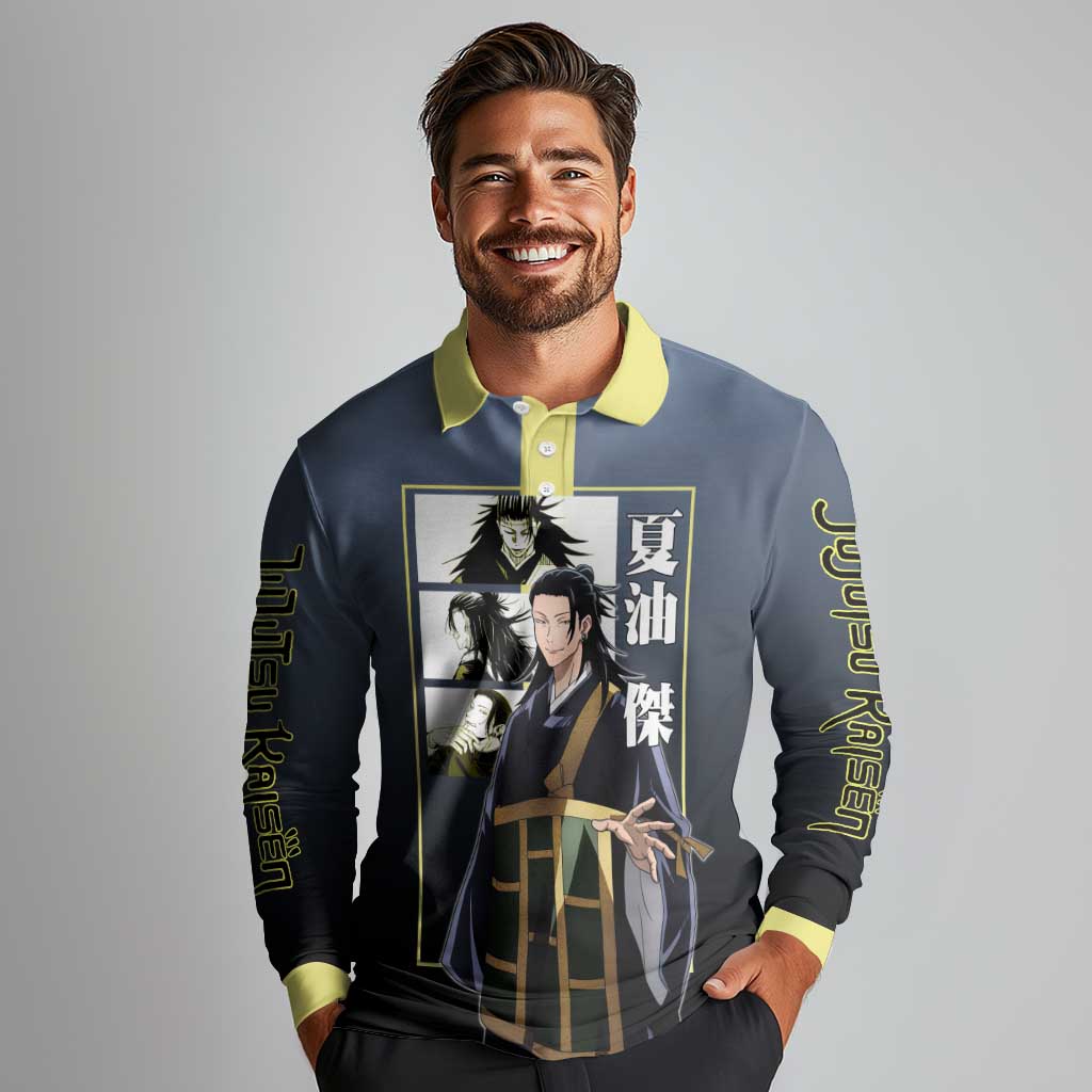 Suguru Geto from Jujutsu Kaisen Long Sleeve Polo Shirt with Yellow and Blue Background and Multiple Poses Design - The Mazicc